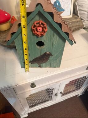 Green Wooden Birdhouse with Copper Roof Accent